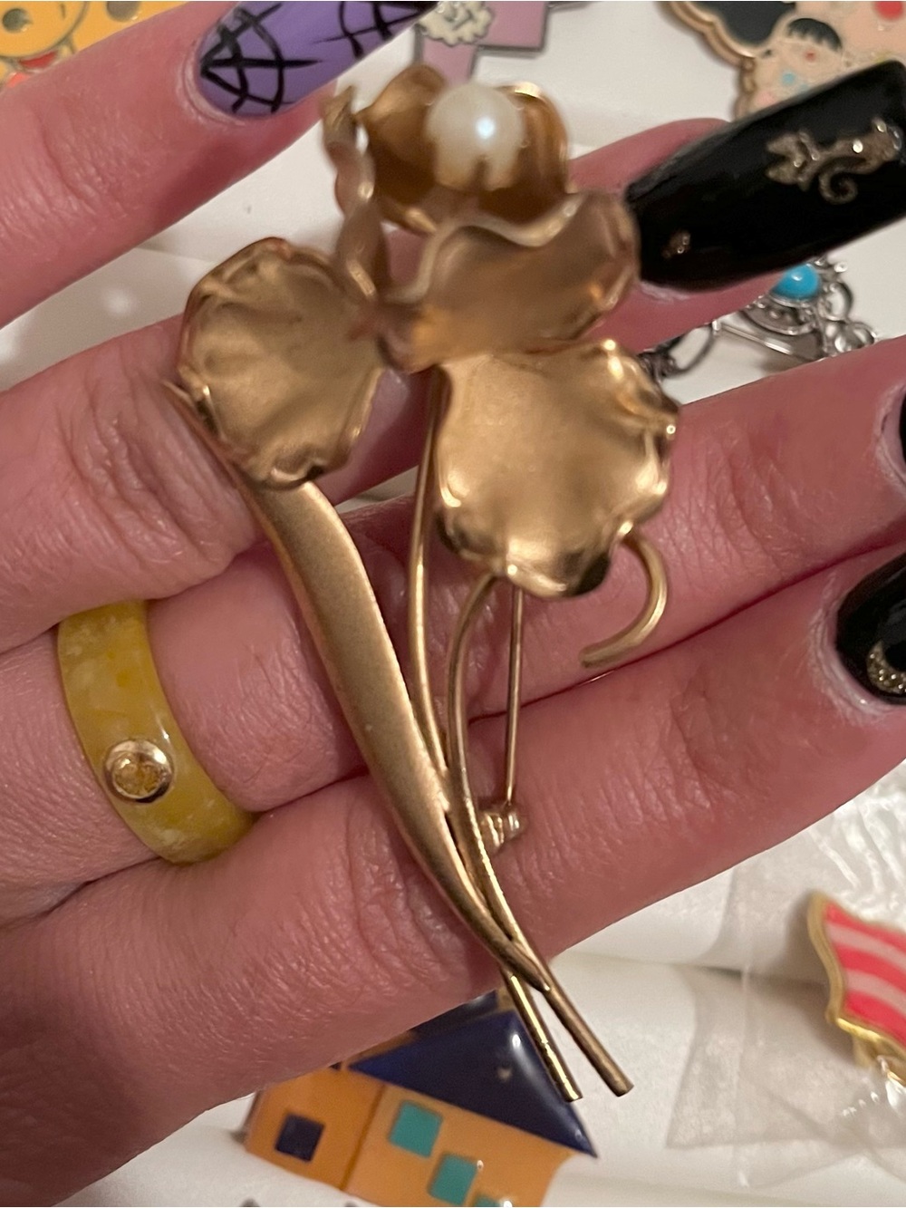 Gold Floral Pearl Accent Brooch